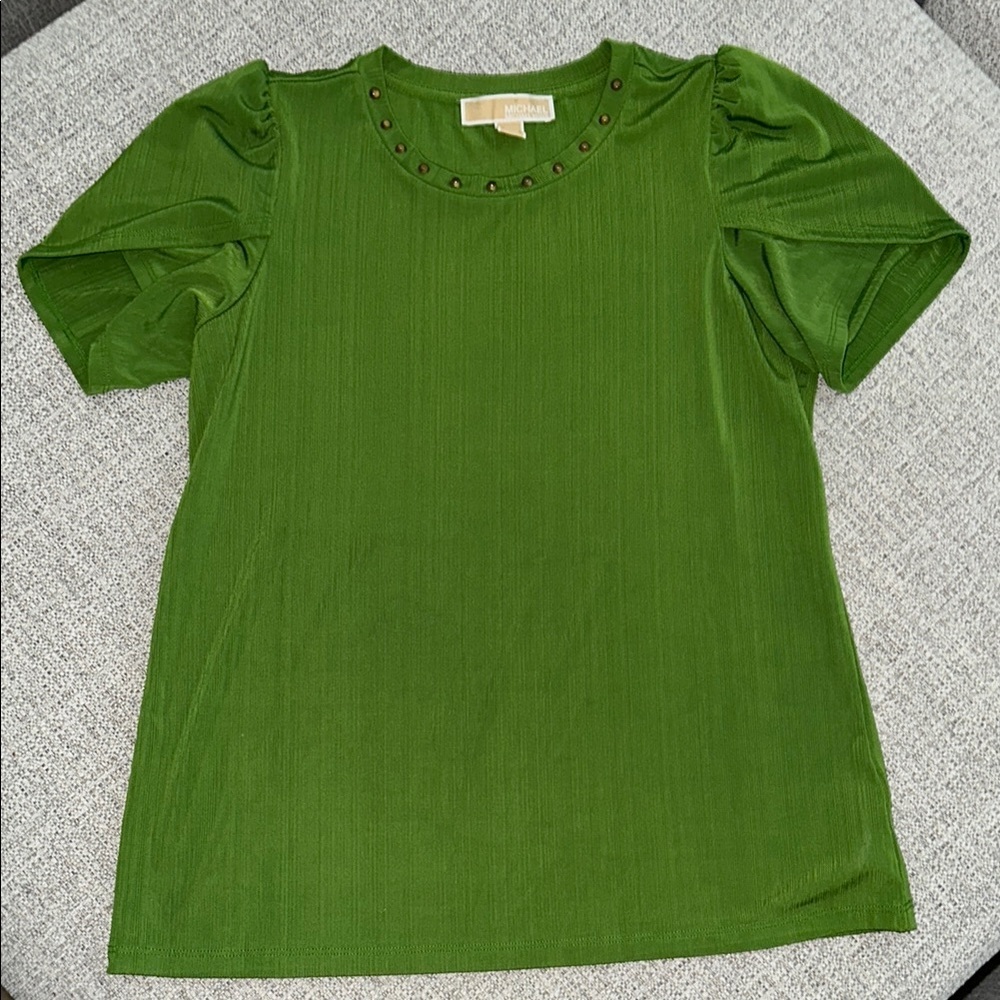 Michael Kors Green Fitted Short Sleeve Blouse with Gold Studded details